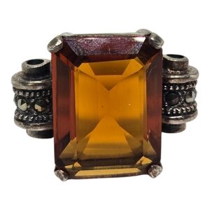 Marcasite Sterling Silver Amber-Toned Turmaline Like Gemstone Statement Ring Sz8
